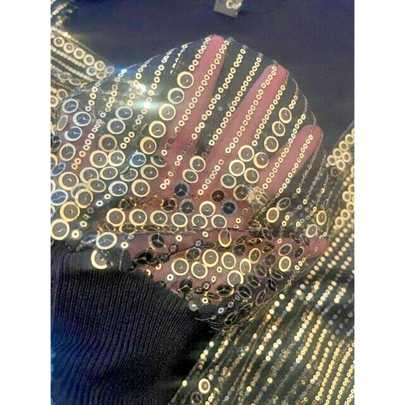 Catherine Malandrino Black Pullover Knit Sweater Blouse Sequin Sheer Sleeves L - Picture 4 of 7